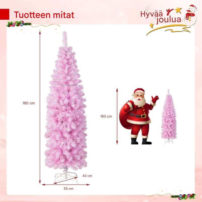 Kapea vaaleanpunainen joulukuusi 250 LED-valolla