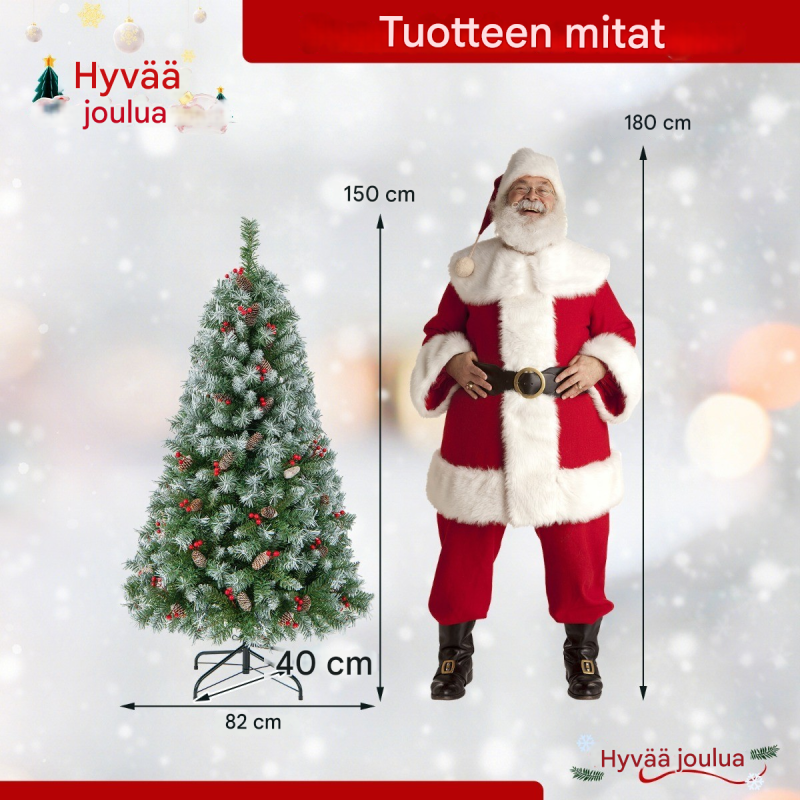 150 cm vihreä tekokuusi LED-valoilla, lumella ja koristeilla