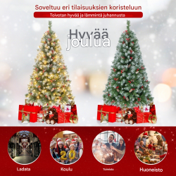 150 cm vihreä tekokuusi LED-valoilla, lumella ja koristeilla