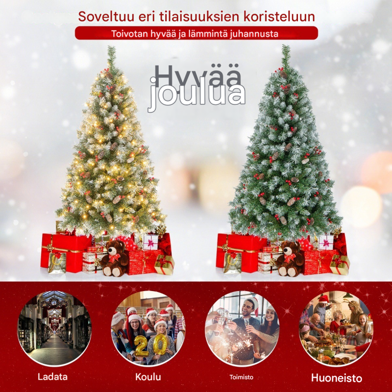 150 cm vihreä tekokuusi LED-valoilla, lumella ja koristeilla