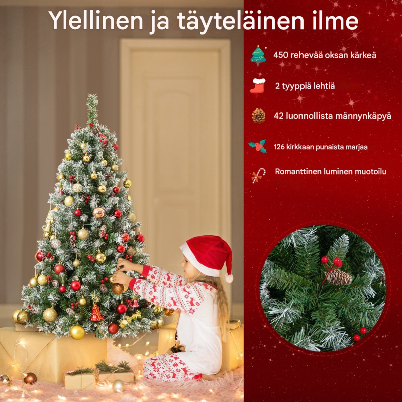 150 cm vihreä tekokuusi LED-valoilla, lumella ja koristeilla