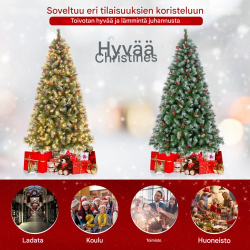 Vihreä tekokuusi 195 cm LED-valoilla ja koristeilla