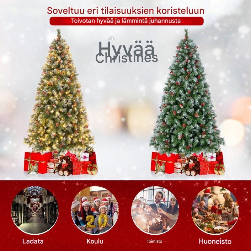 Vihreä tekokuusi 195 cm LED-valoilla ja koristeilla