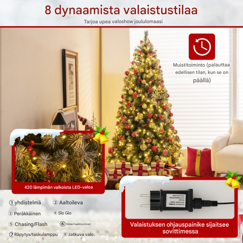 Vihreä tekokuusi 195 cm LED-valoilla ja koristeilla