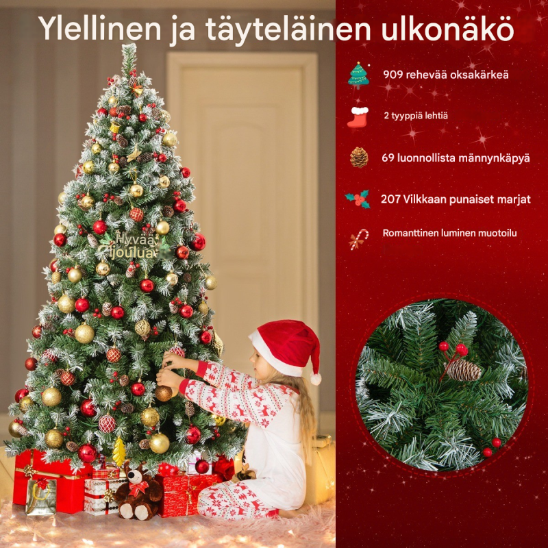 Vihreä tekokuusi 195 cm LED-valoilla ja koristeilla