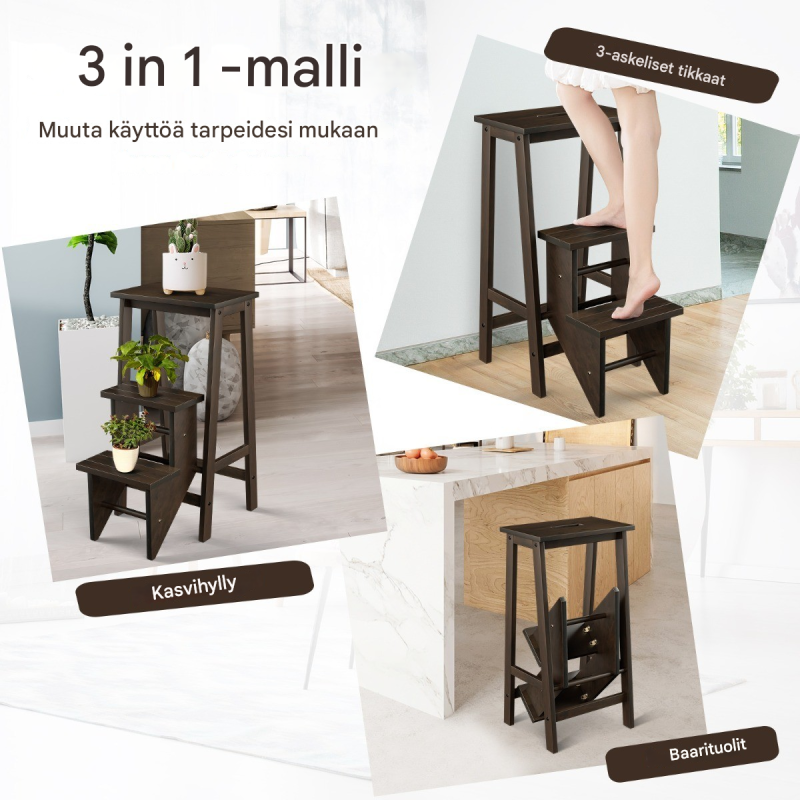 Kolmiportainen kokoontaitettava ruskea jakkara kantokahvalla ja kääntyvillä askelmilla