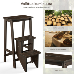 Kolmiportainen kokoontaitettava ruskea jakkara kantokahvalla ja kääntyvillä askelmilla