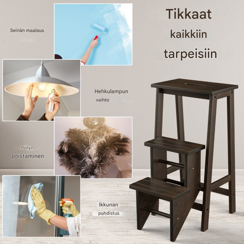Kolmiportainen kokoontaitettava ruskea jakkara kantokahvalla ja kääntyvillä askelmilla