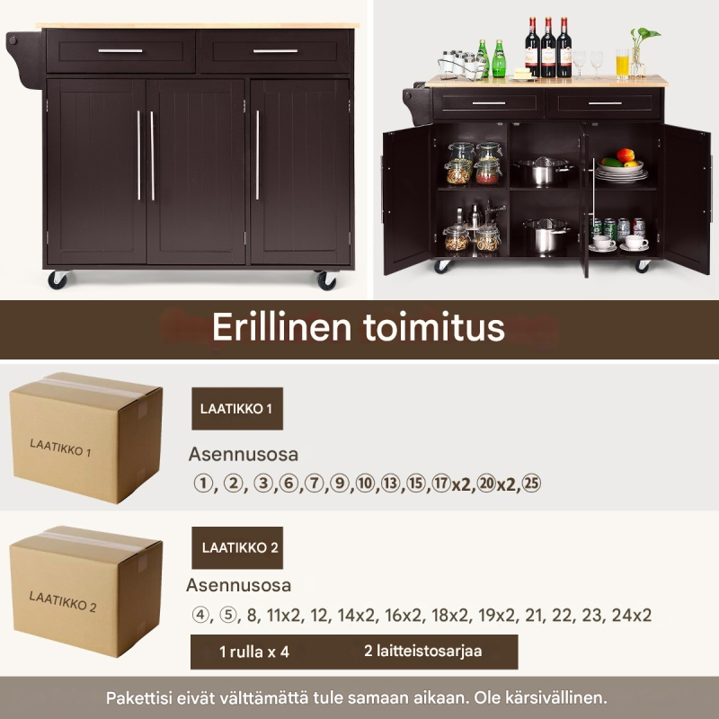 Ruskea monikäyttöinen keittiövaunu pyörillä ja säilytystilalla