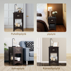 Kaksiosainen pähkinänvärinen yöpöytä laatikolla ja hyllyllä