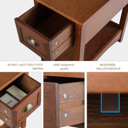 2-osainen sivupöytäsarja laatikolla ja hyllyllä, punaruskea