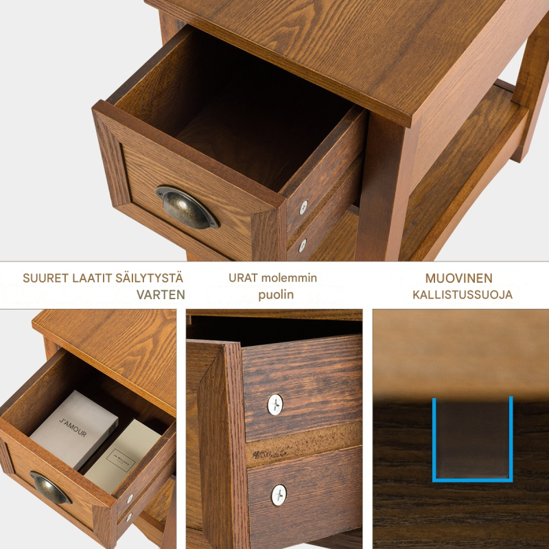 Kaksiosainen ruskea yöpöytä laatikolla ja hyllyllä