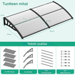 Harmaa säänkestävä katos 199x99 cm oville ja ikkunoille