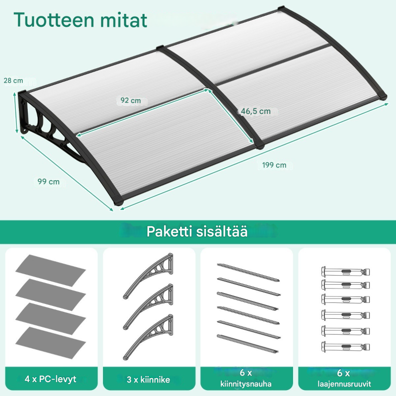 Harmaa säänkestävä katos 199x99 cm oville ja ikkunoille