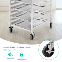 Alumiininen tarjoiluvaunu 10-tasoinen jarrupyörillä hopea