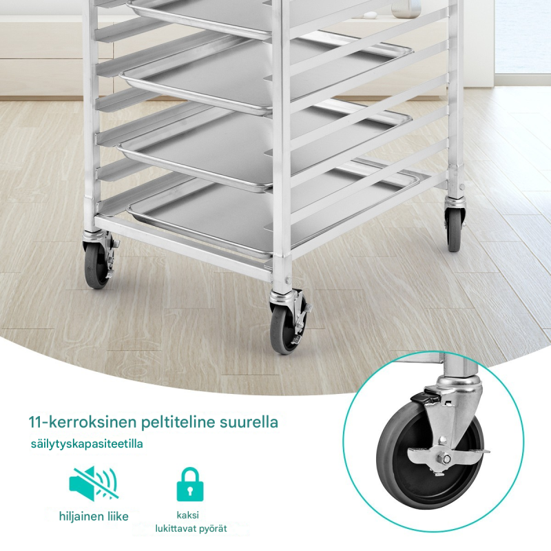 Alumiininen tarjoiluvaunu 10-tasoinen jarrupyörillä hopea