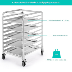 Alumiininen tarjoiluvaunu 10-tasoinen jarrupyörillä hopea