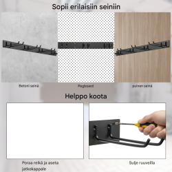Seinään kiinnitettävä musta puutarhatyökaluteline 150 kg kantavuus