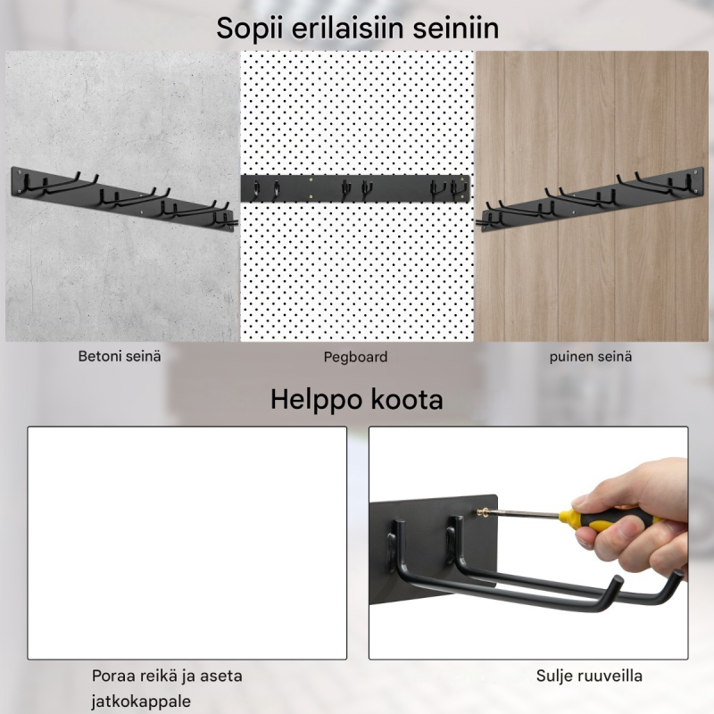 Seinään kiinnitettävä musta puutarhatyökaluteline 150 kg kantavuus