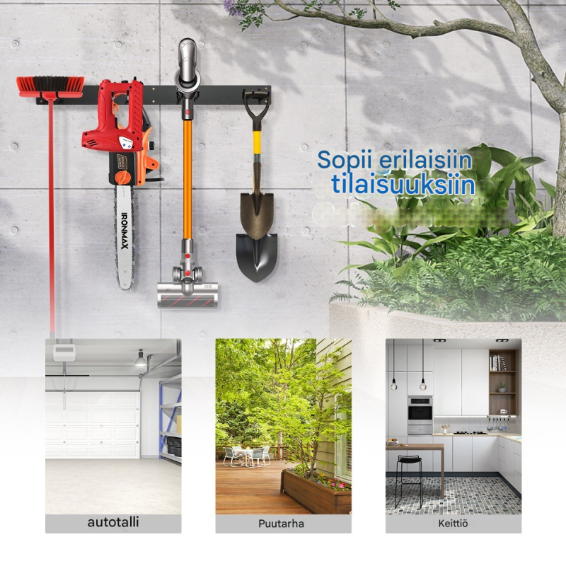 Seinään kiinnitettävä musta puutarhatyökaluteline 150 kg kantavuus
