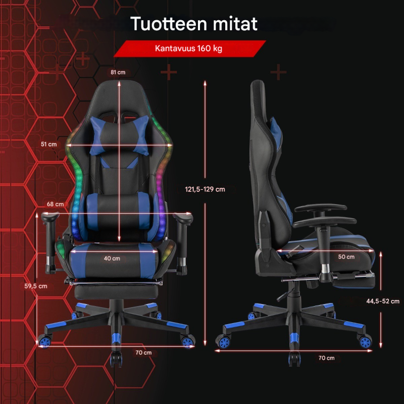 Sininen RGB-LED pelituoli säädettävällä jalkatuella ja käsinojilla