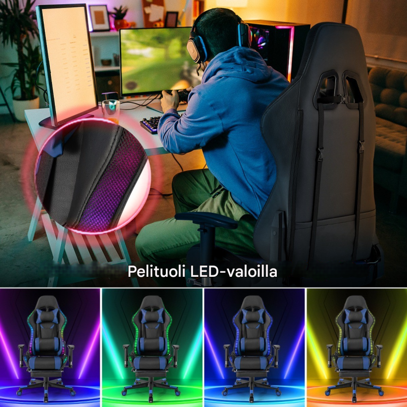Sininen RGB-LED pelituoli säädettävällä jalkatuella ja käsinojilla