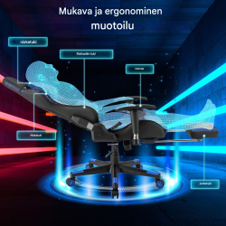 Sininen RGB-LED pelituoli säädettävällä jalkatuella ja käsinojilla