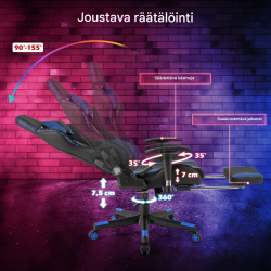 Sininen RGB-LED pelituoli säädettävällä jalkatuella ja käsinojilla
