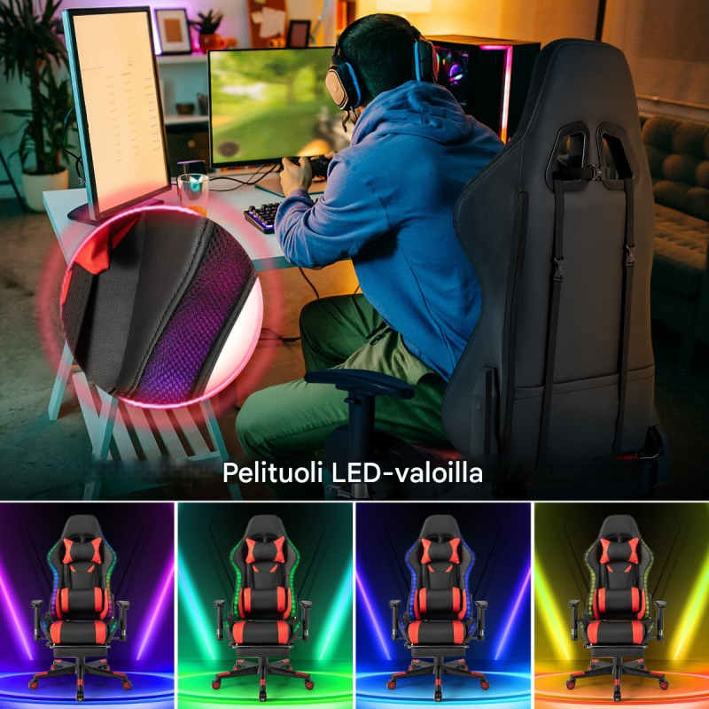 Punainen RGB-LED-valaistu ergonominen pelituoli jalkatuella