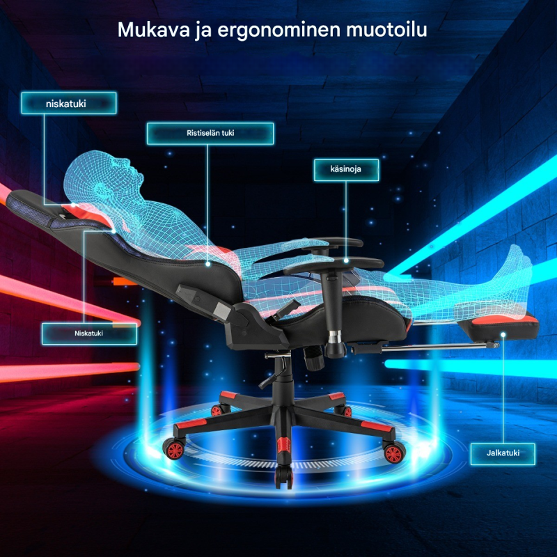 Punainen RGB-LED-valaistu ergonominen pelituoli jalkatuella