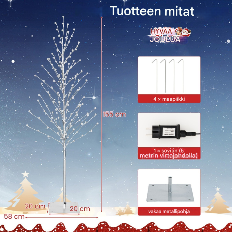 Hopeinen 155 cm LED-koivupuu lämpimillä valkoisilla valoilla