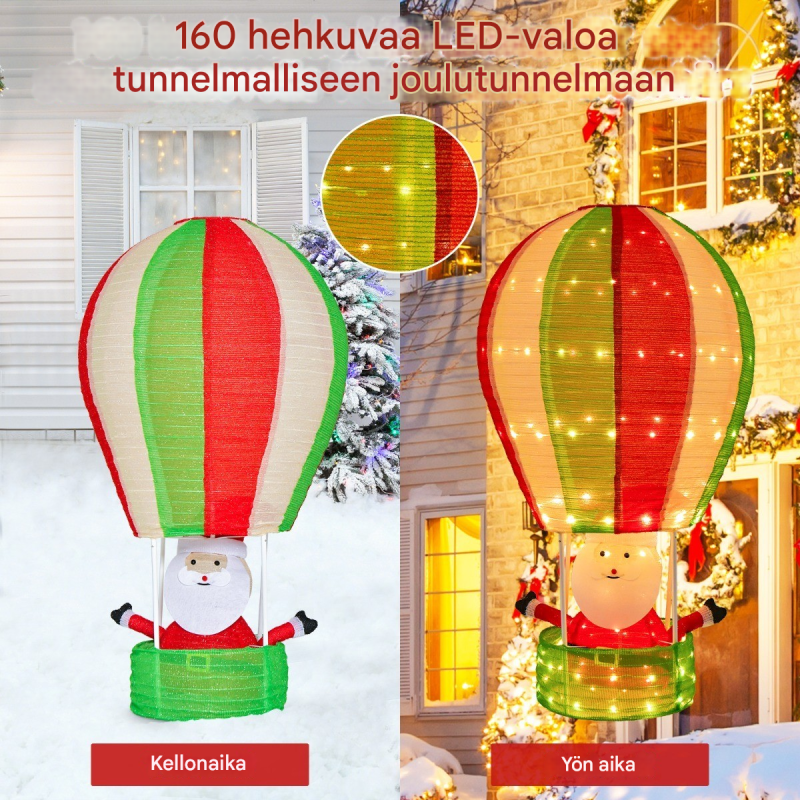 Joulupukki kuumailmapallossa LED-valoilla, värikäs joulukoriste