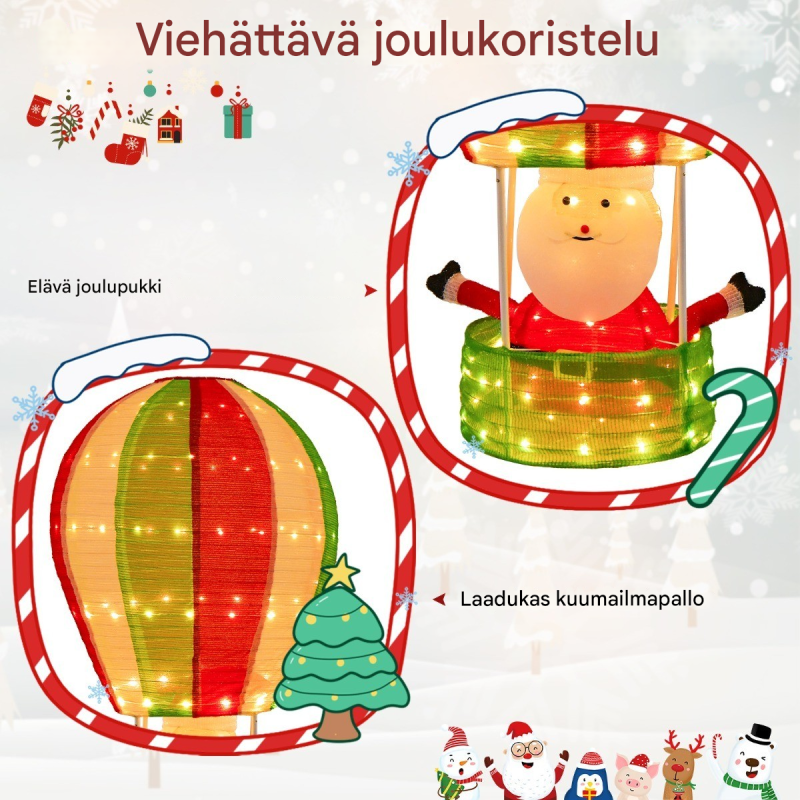 Joulupukki kuumailmapallossa LED-valoilla, värikäs joulukoriste