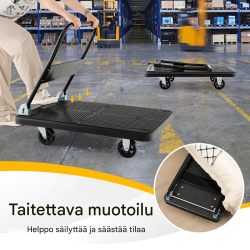 Kokoontaitettava musta alustanvaunu 350 kg kantavuudella ja pyörillä