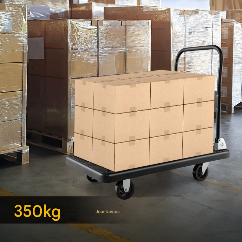 Kokoontaitettava musta alustanvaunu 350 kg kantavuudella ja pyörillä