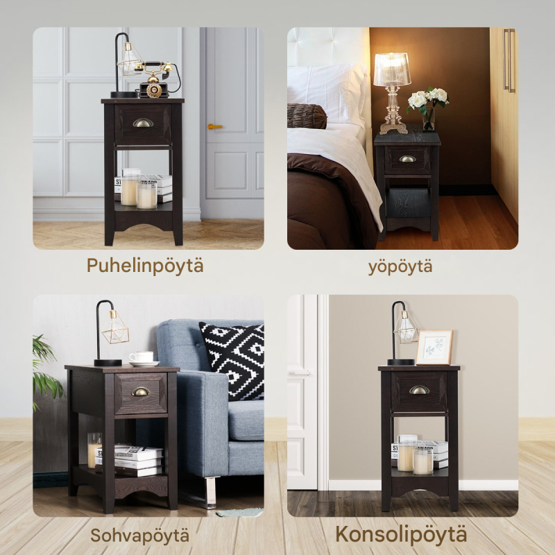 Retrotyylinen sivupöytä laatikolla ja hyllyllä, pähkinäpuu