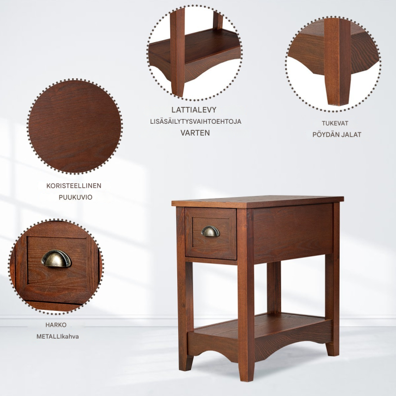 Retrotyylinen punaruskea sivupöytä laatikolla ja hyllyllä