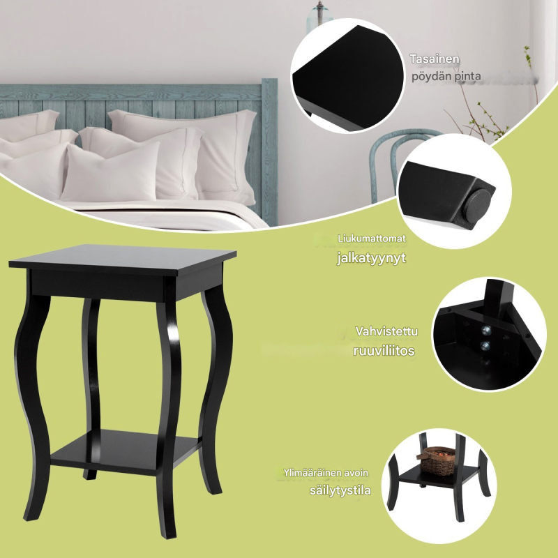 Kaksi mustaa sivupöytää kaarevilla jaloilla ja säilytystilalla