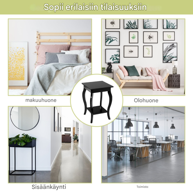 Kaksi mustaa sivupöytää kaarevilla jaloilla ja säilytystilalla