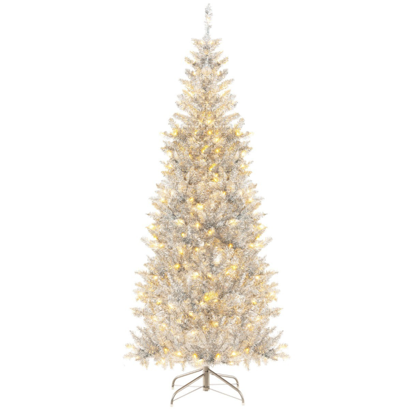 Hopeinen lametta-joulukuusi 180 cm lämpimillä LED-valoilla