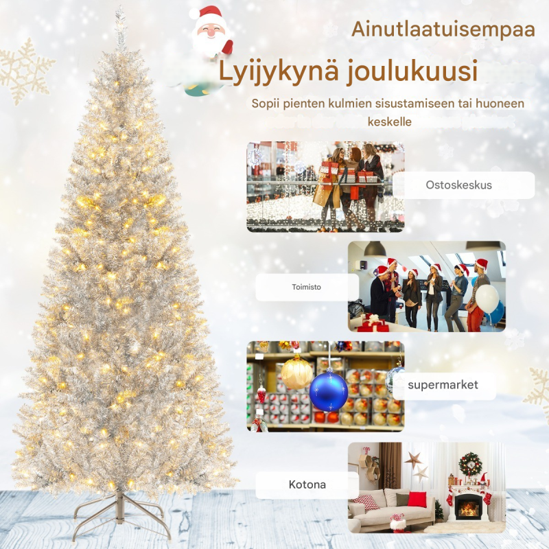 Hopeinen lametta-joulukuusi 180 cm lämpimillä LED-valoilla