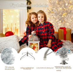 Hopeinen lametta-joulukuusi 180 cm lämpimillä LED-valoilla