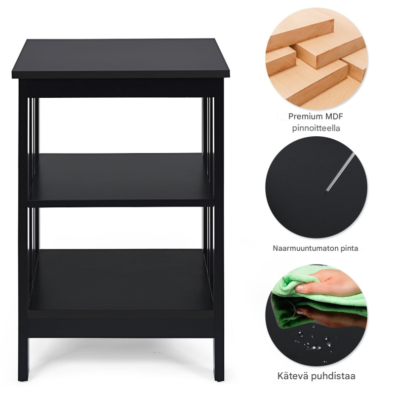 2 kpl musta 3-tasoinen yöpöytä