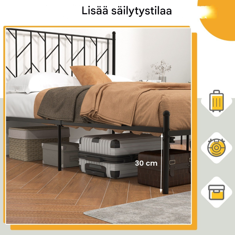 Vankka musta metallisänky päädyllä ja säilytystilalla 190 x 140 cm Vankka musta metallisänky päädyllä ja säilytystilalla 190 x 140 cm