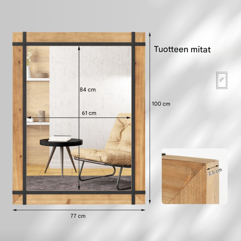 Rustiikkinen luonnonvärinen seinäpeili puukehyksellä 77x99,5 cm Rustiikkinen luonnonvärinen seinäpeili puukehyksellä 77x99,5 cm