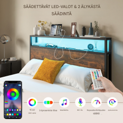 Rustiikkinen ruskea LED-sängynrunko säilytystilalla ja latausasemalla 200 x 140 cm
