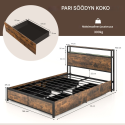 Rustiikkinen ruskea LED-sängynrunko säilytystilalla ja latausasemalla 200 x 140 cm