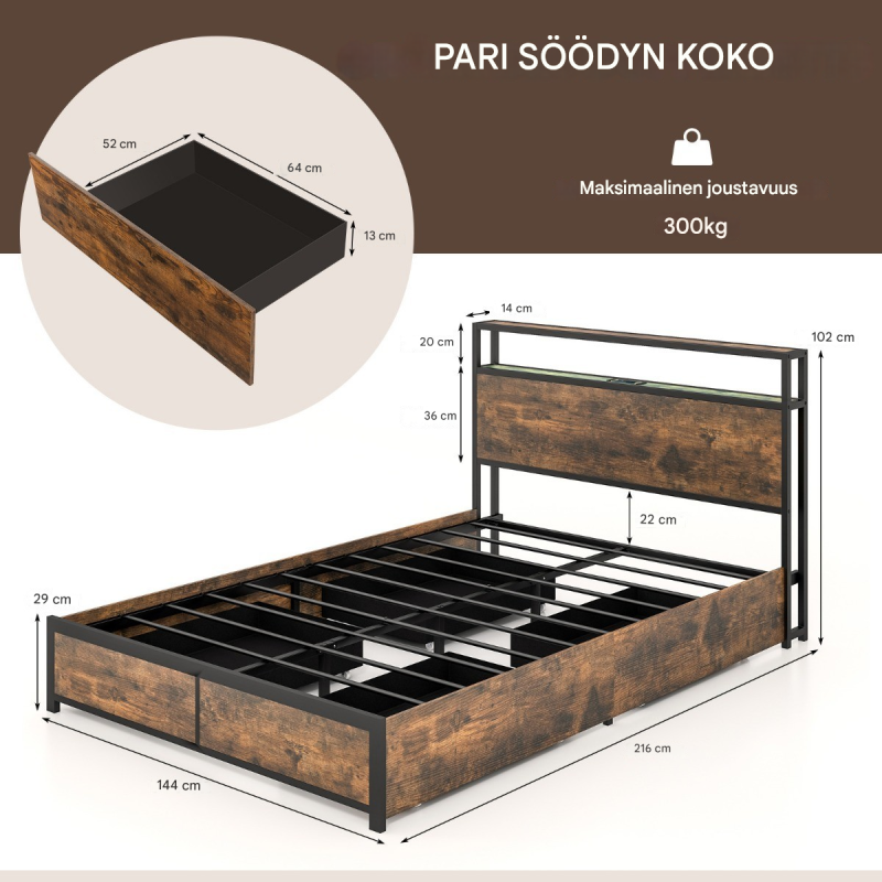 Rustiikkinen ruskea LED-sängynrunko säilytystilalla ja latausasemalla 200 x 140 cm