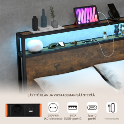 Rustiikkinen ruskea LED-sängynrunko säilytystilalla ja latausasemalla 200 x 140 cm