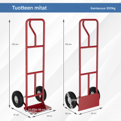 Punainen monikäyttöinen nokkakärry P-kahvalla ja taitettavalla alustalla
